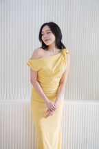 (BACKORDER) Maristelle Ruched Knot Toga Maxi Dress in Yellow