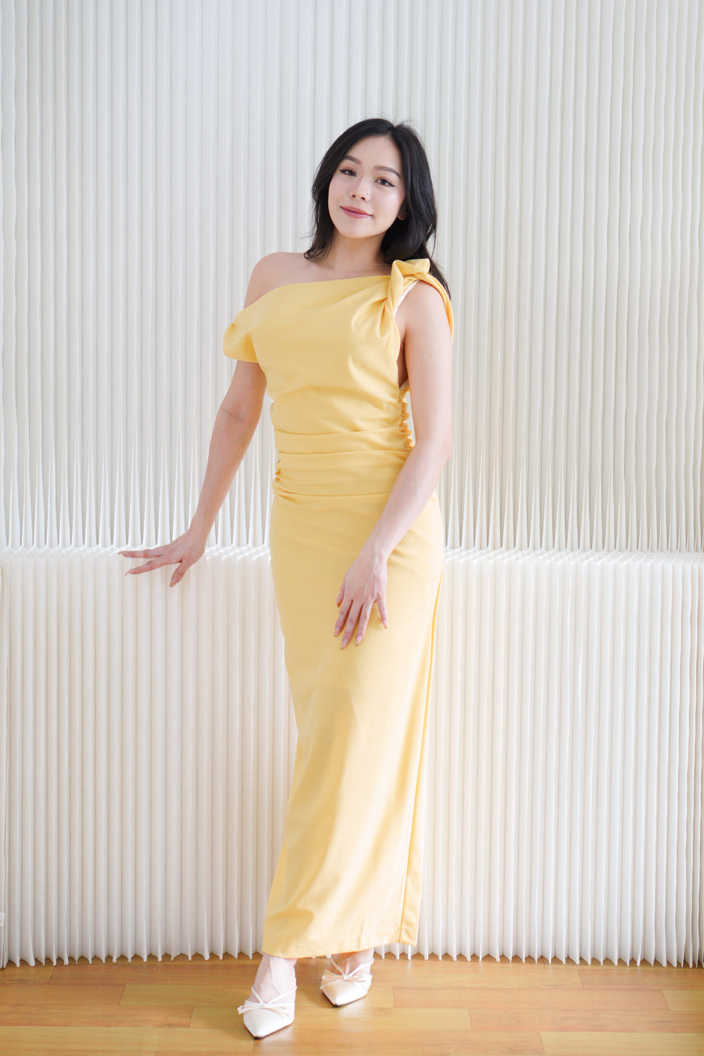 (BACKORDER) Maristelle Ruched Knot Toga Maxi Dress in Yellow