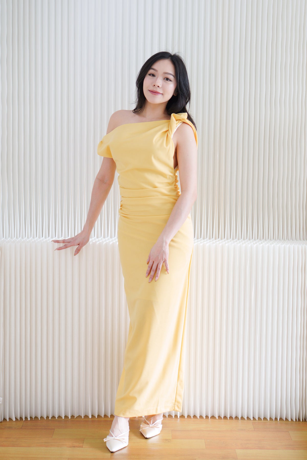 (BACKORDER) Maristelle Ruched Knot Toga Maxi Dress in Yellow
