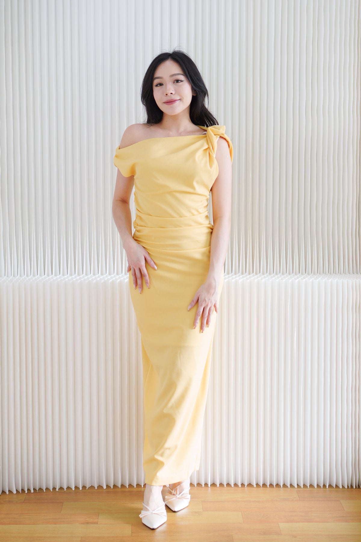 (BACKORDER) Maristelle Ruched Knot Toga Maxi Dress in Yellow