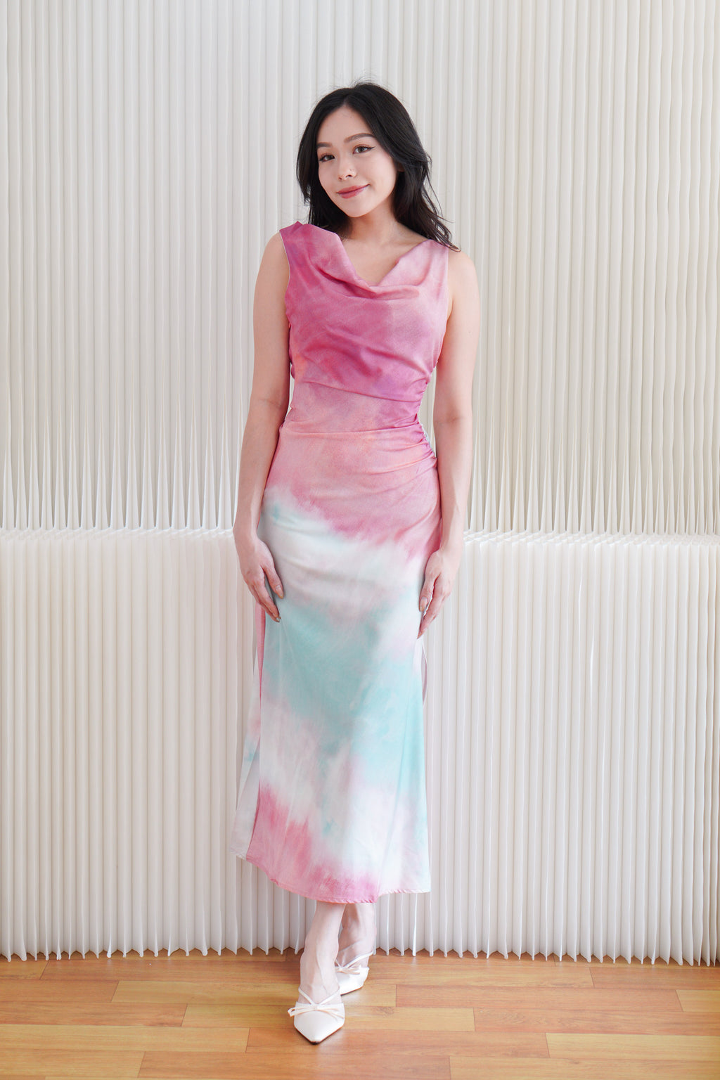 Vaelie Cowl Neck Ombre Maxi Dress in Pink