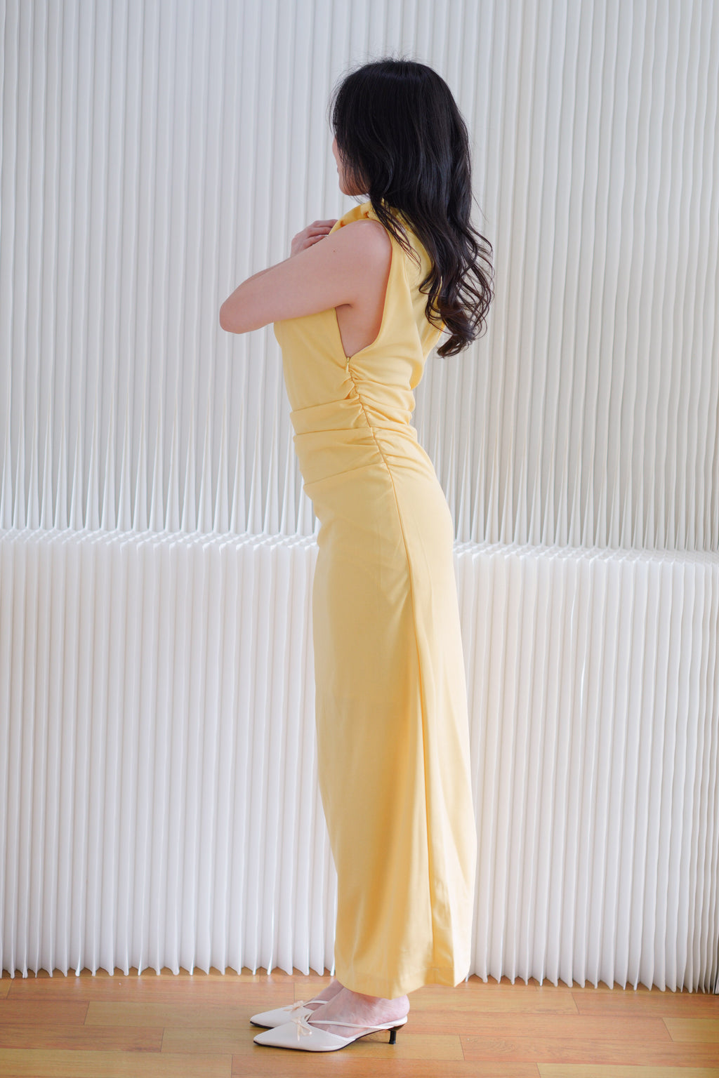 (BACKORDER) Maristelle Ruched Knot Toga Maxi Dress in Yellow