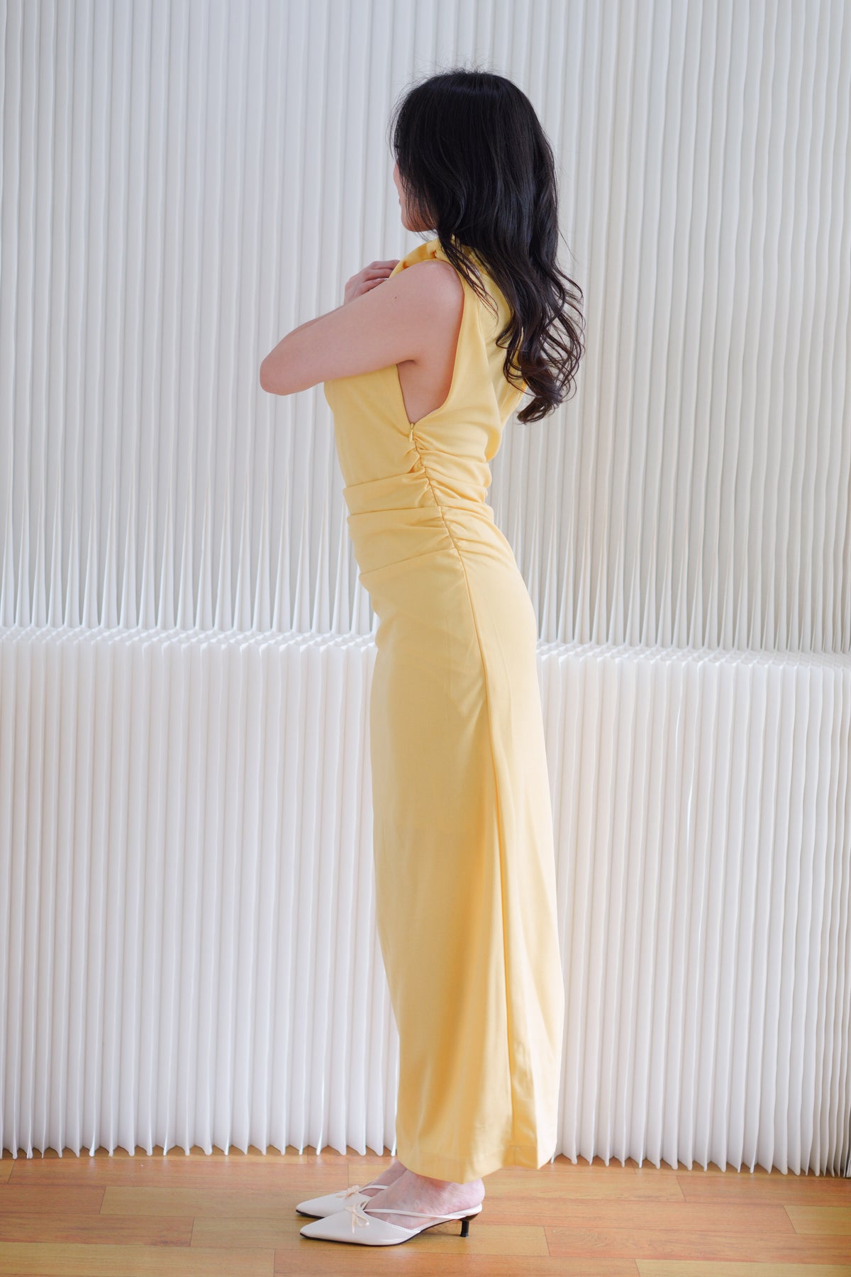 (BACKORDER) Maristelle Ruched Knot Toga Maxi Dress in Yellow