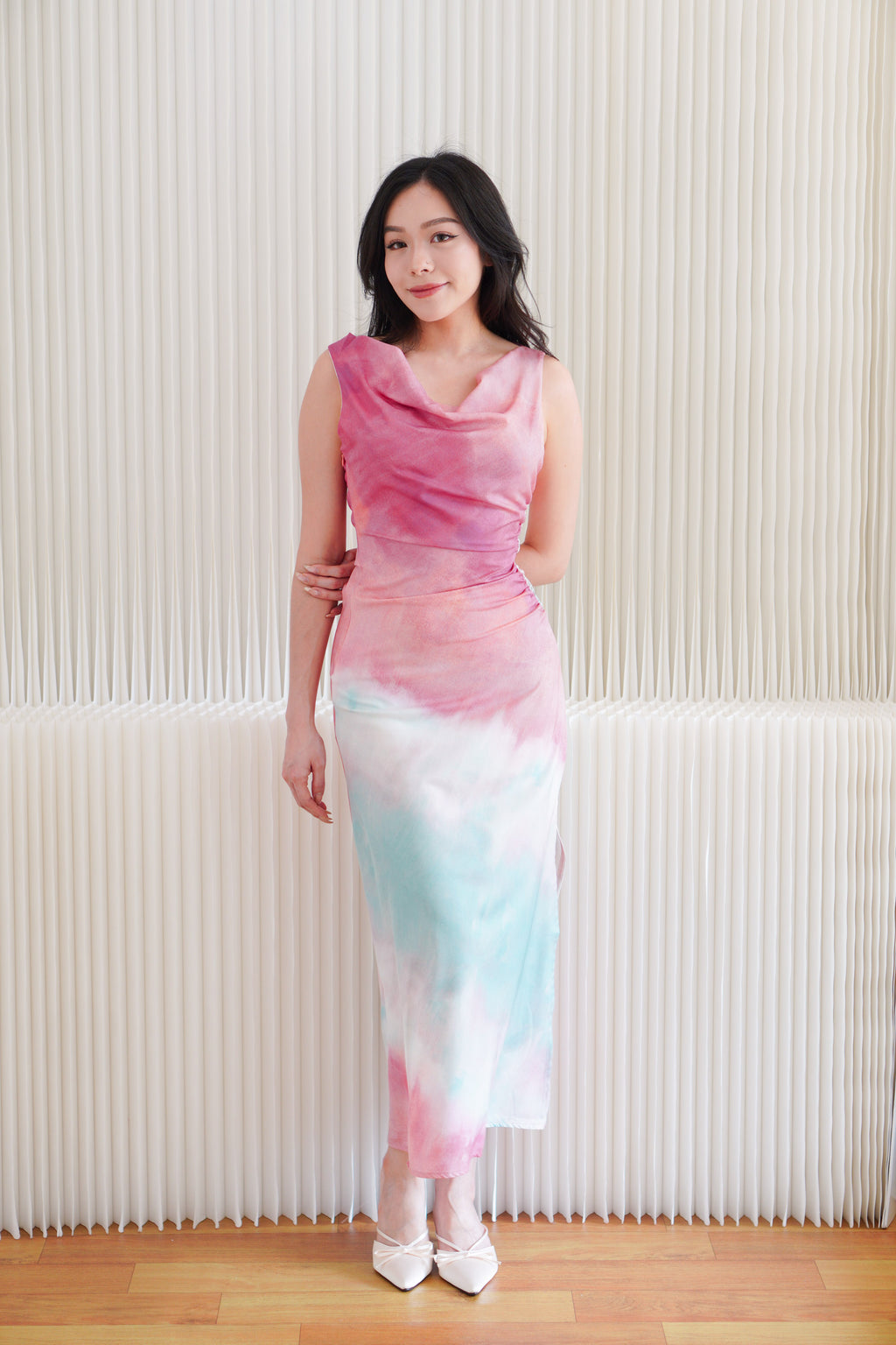 Vaelie Cowl Neck Ombre Maxi Dress in Pink