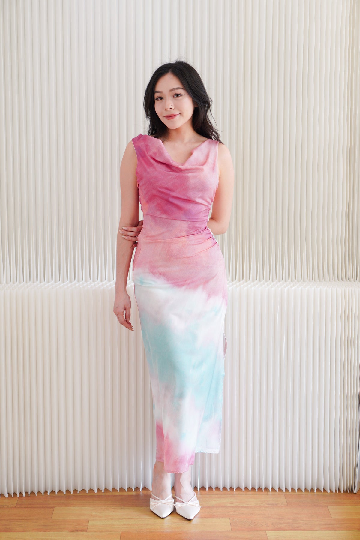 Vaelie Cowl Neck Ombre Maxi Dress in Pink