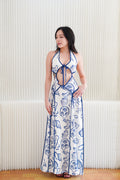 Saelene Halter Neck Cutout Floral Printed Dress in Blue