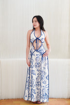Saelene Halter Neck Cutout Floral Printed Dress in Blue