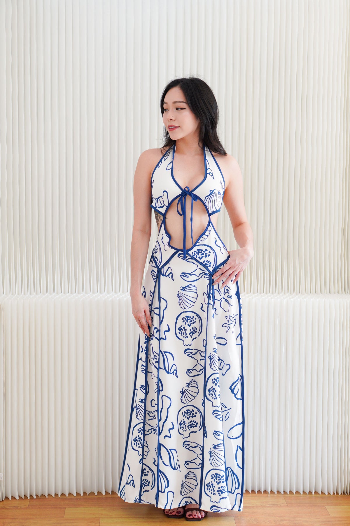 Saelene Halter Neck Cutout Floral Printed Dress in Blue