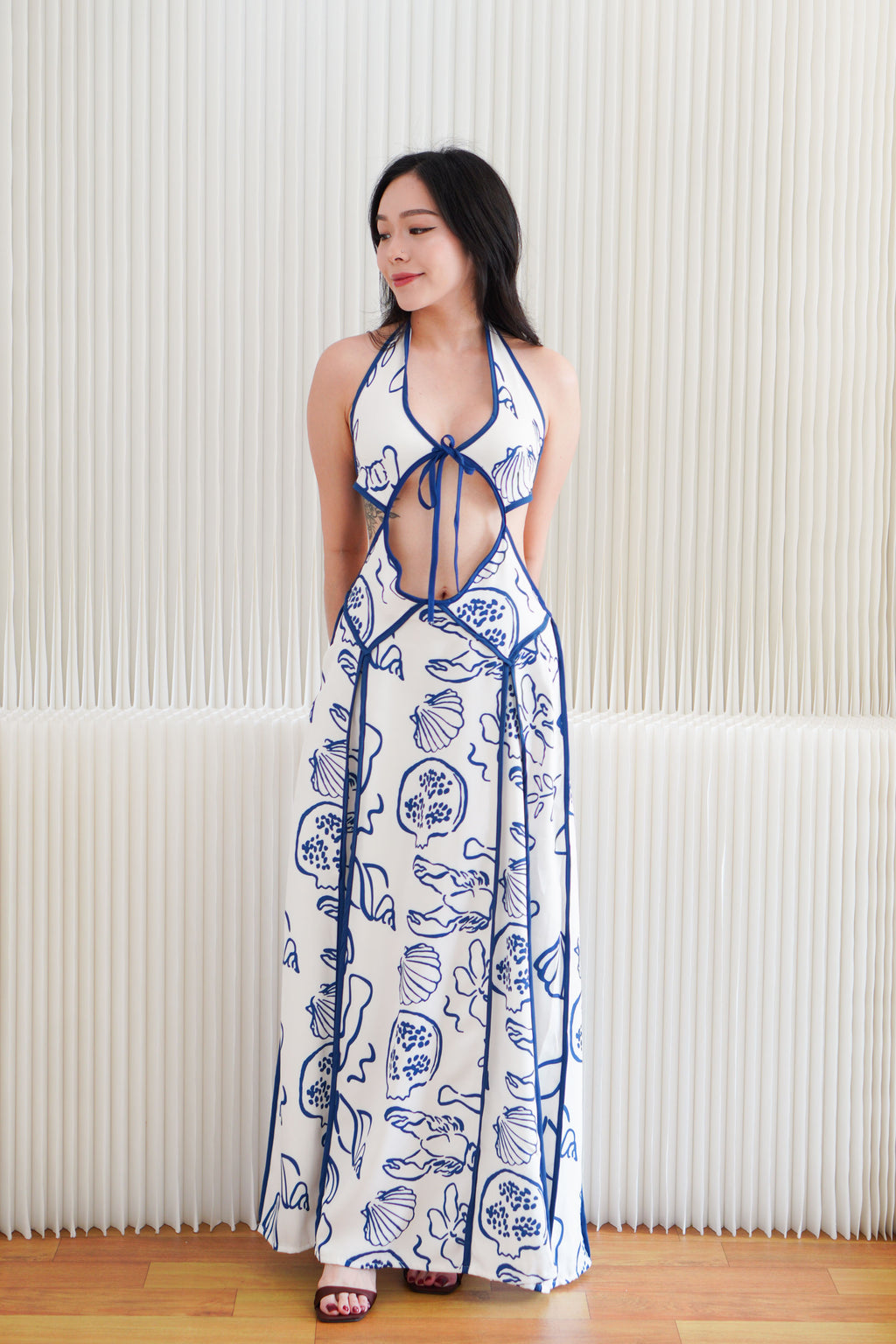 Saelene Halter Neck Cutout Floral Printed Dress in Blue