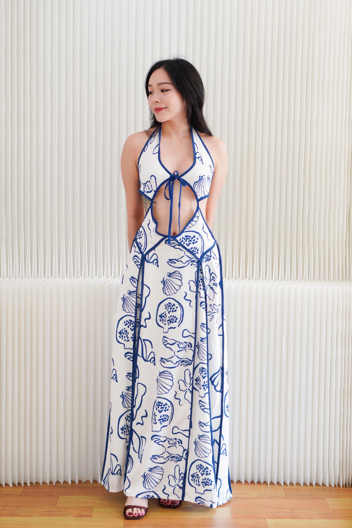 Saelene Halter Neck Cutout Floral Printed Dress in Blue