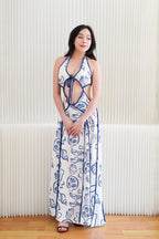 Saelene Halter Neck Cutout Floral Printed Dress in Blue