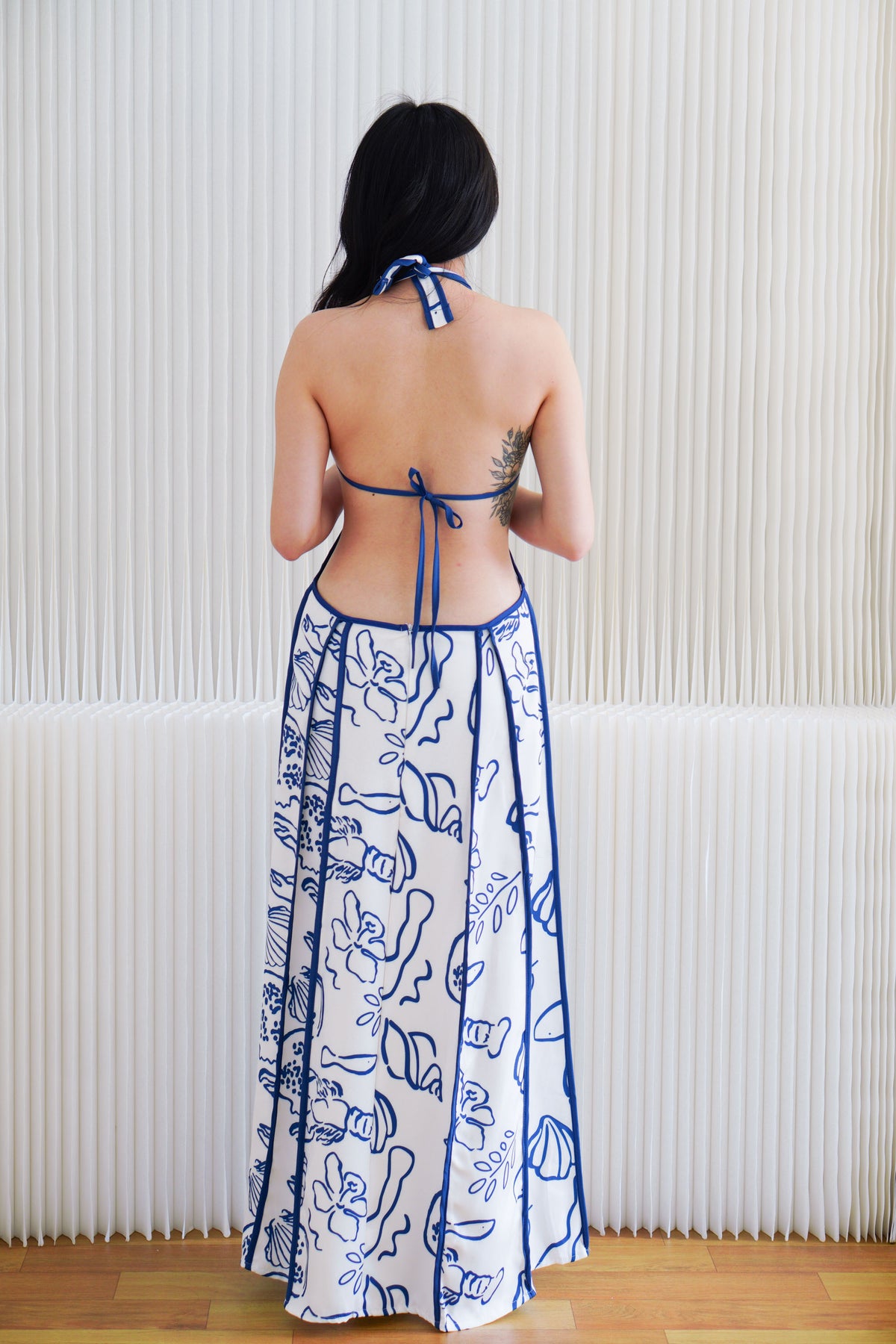 Saelene Halter Neck Cutout Floral Printed Dress in Blue