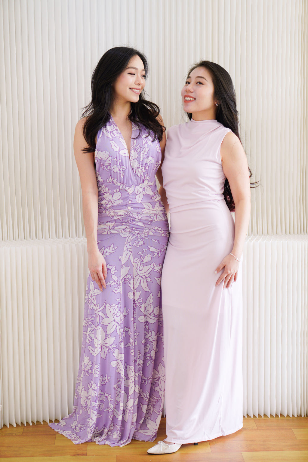 Taelora High Neck Ruched Bodycon Maxi Dress in Light Pink