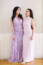 Taelora High Neck Ruched Bodycon Maxi Dress in Light Pink