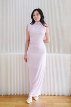 Taelora High Neck Ruched Bodycon Maxi Dress in Light Pink