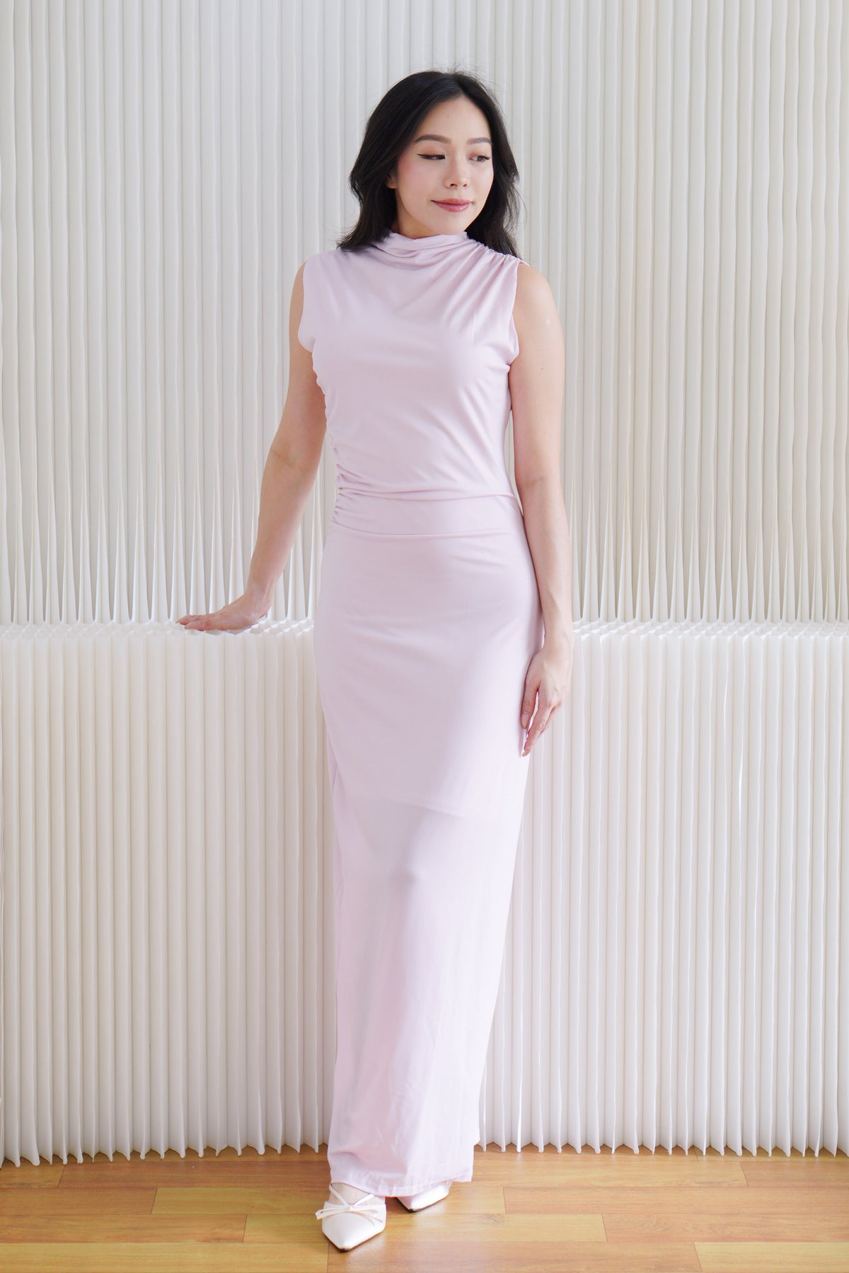 Taelora High Neck Ruched Bodycon Maxi Dress in Light Pink