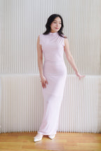Taelora High Neck Ruched Bodycon Maxi Dress in Light Pink