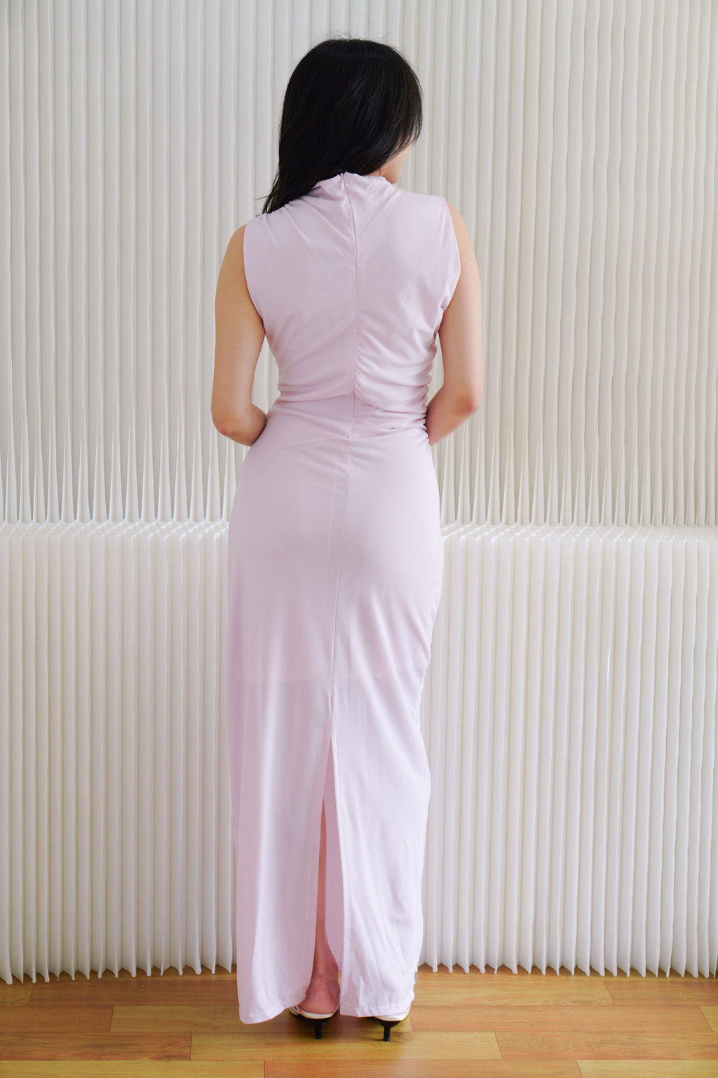 Taelora High Neck Ruched Bodycon Maxi Dress in Light Pink