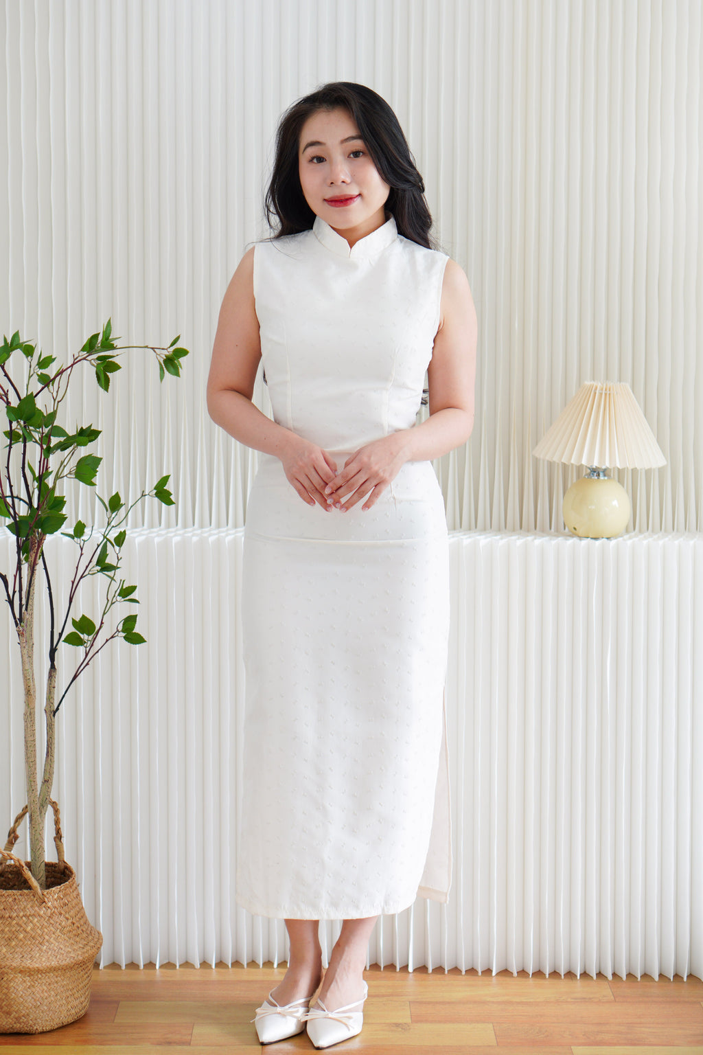 (BACKORDER) Rui Ya Dotted Jacquard Modern Maxi Cheongsam in Cream