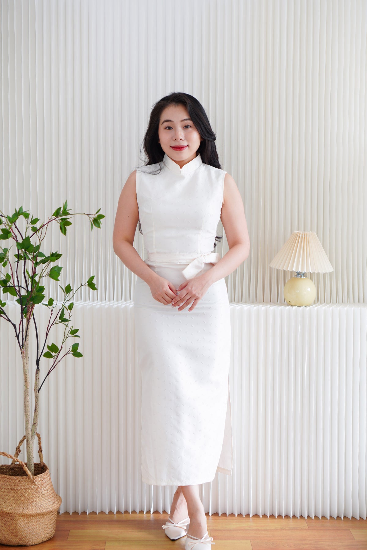 (BACKORDER) Rui Ya Dotted Jacquard Modern Maxi Cheongsam in Cream