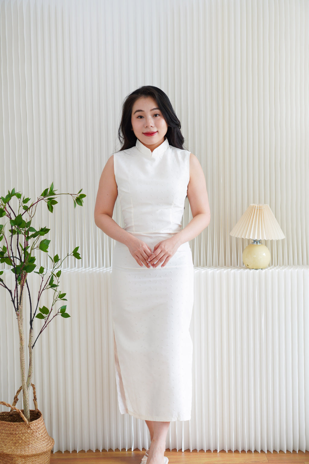 (BACKORDER) Rui Ya Dotted Jacquard Modern Maxi Cheongsam in Cream