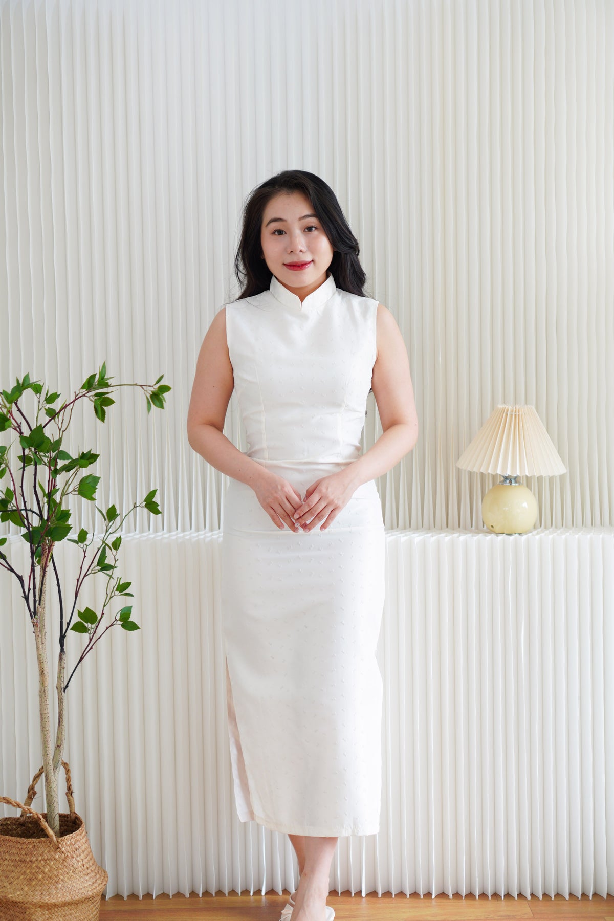 (BACKORDER) Rui Ya Dotted Jacquard Modern Maxi Cheongsam in Cream