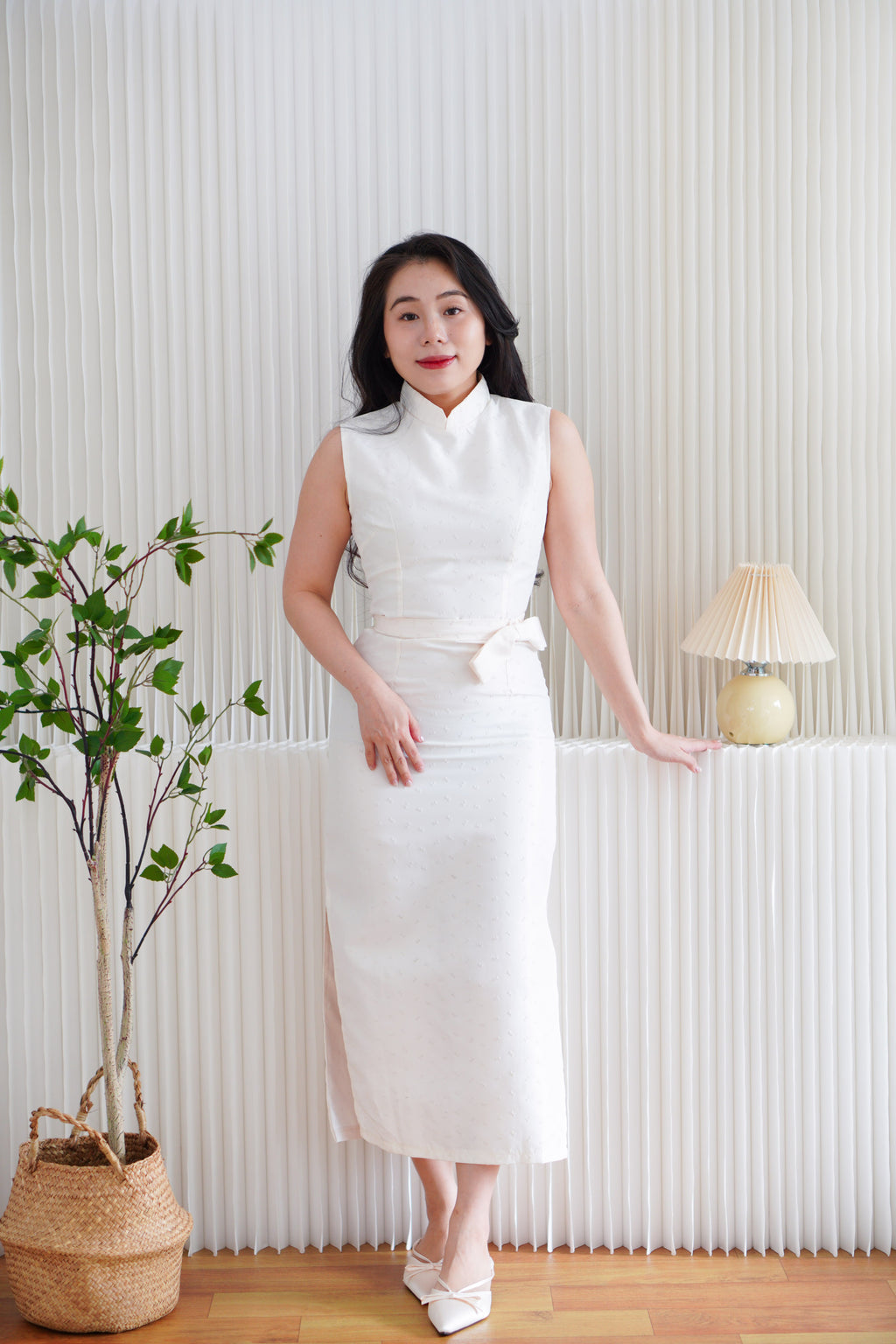 (BACKORDER) Rui Ya Dotted Jacquard Modern Maxi Cheongsam in Cream
