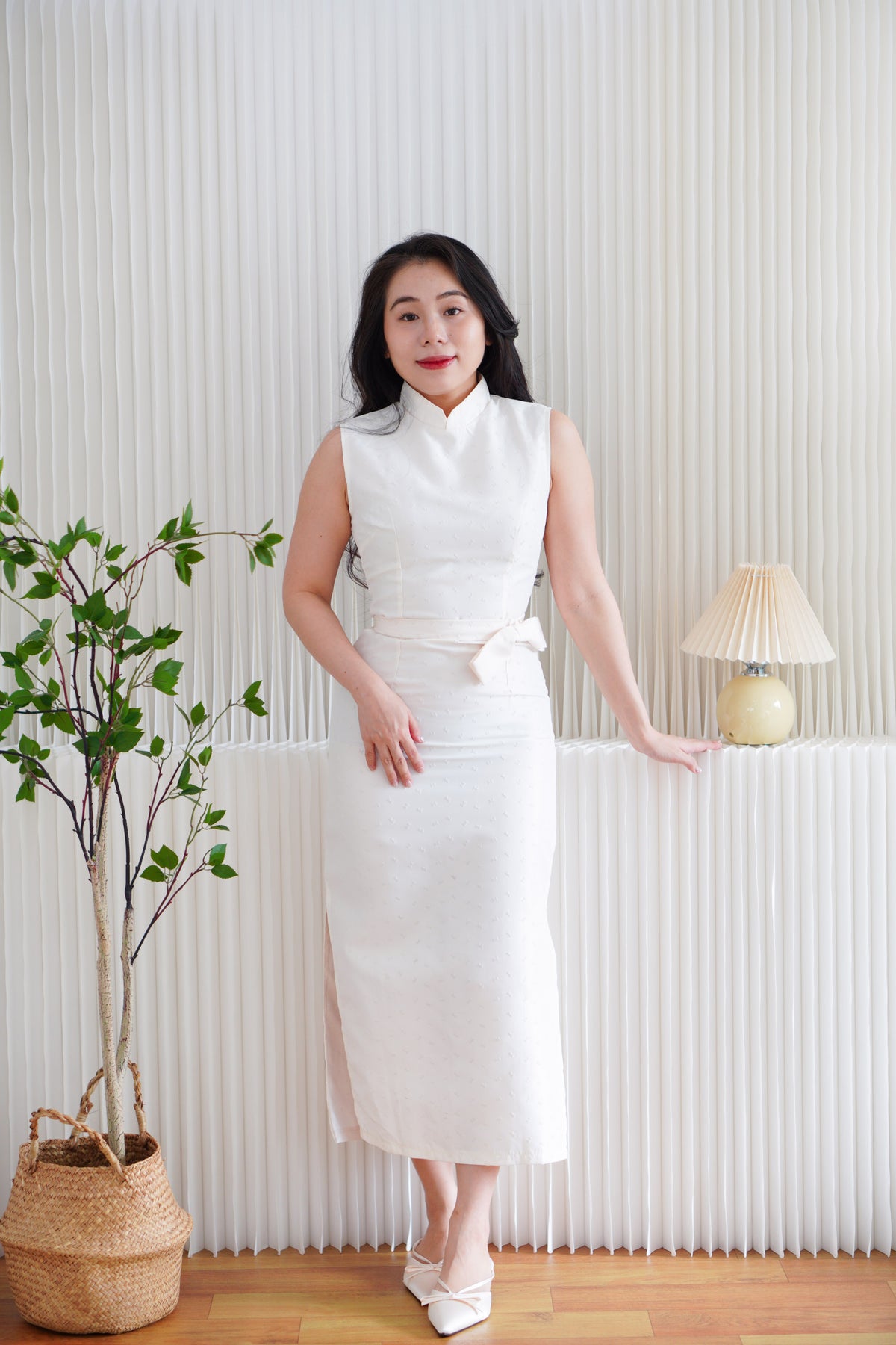 (BACKORDER) Rui Ya Dotted Jacquard Modern Maxi Cheongsam in Cream