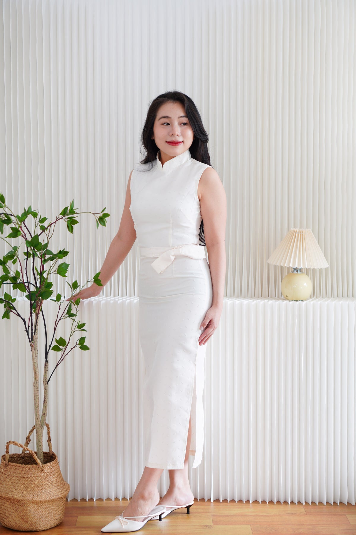 (BACKORDER) Rui Ya Dotted Jacquard Modern Maxi Cheongsam in Cream