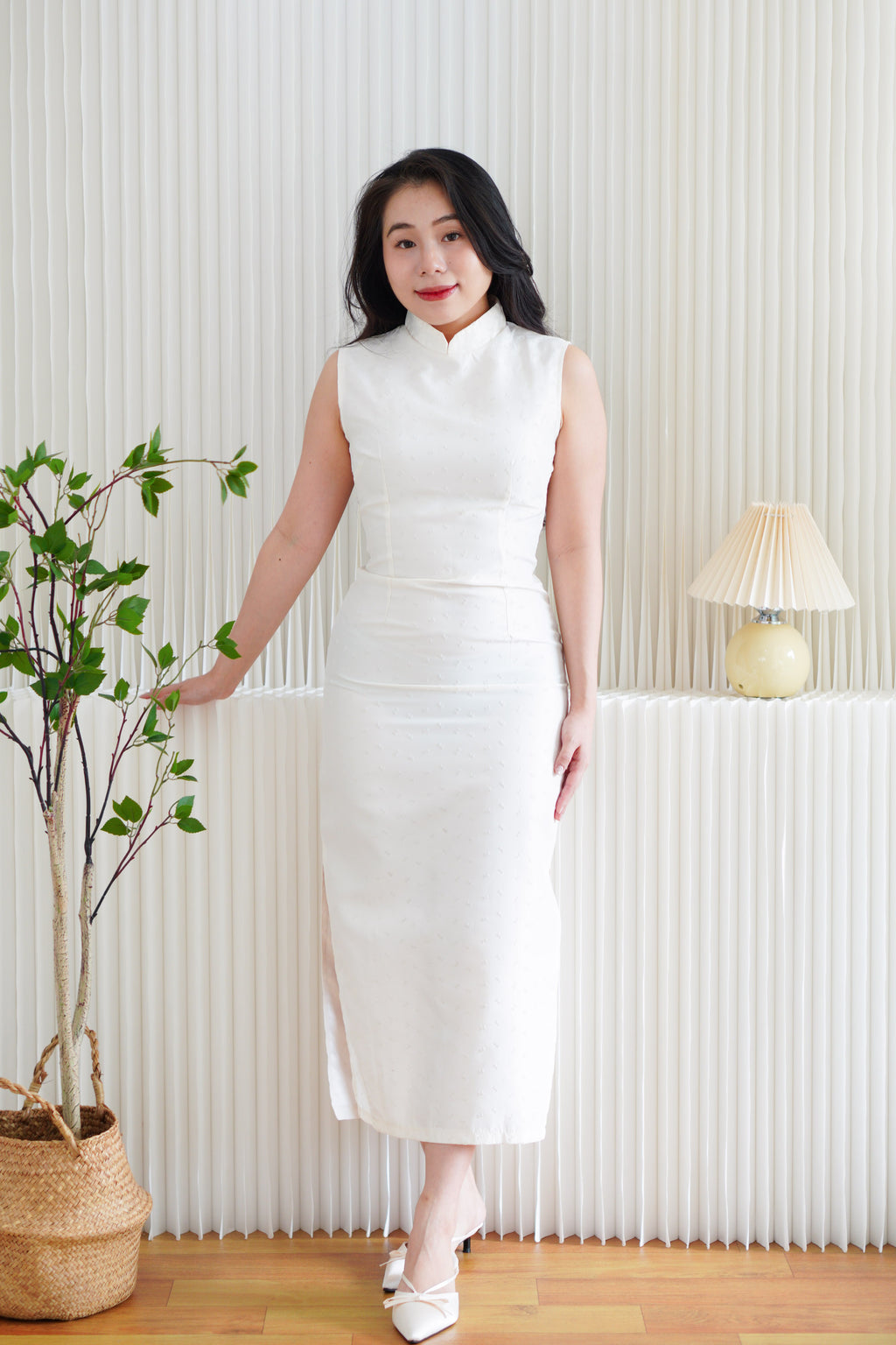 (BACKORDER) Rui Ya Dotted Jacquard Modern Maxi Cheongsam in Cream