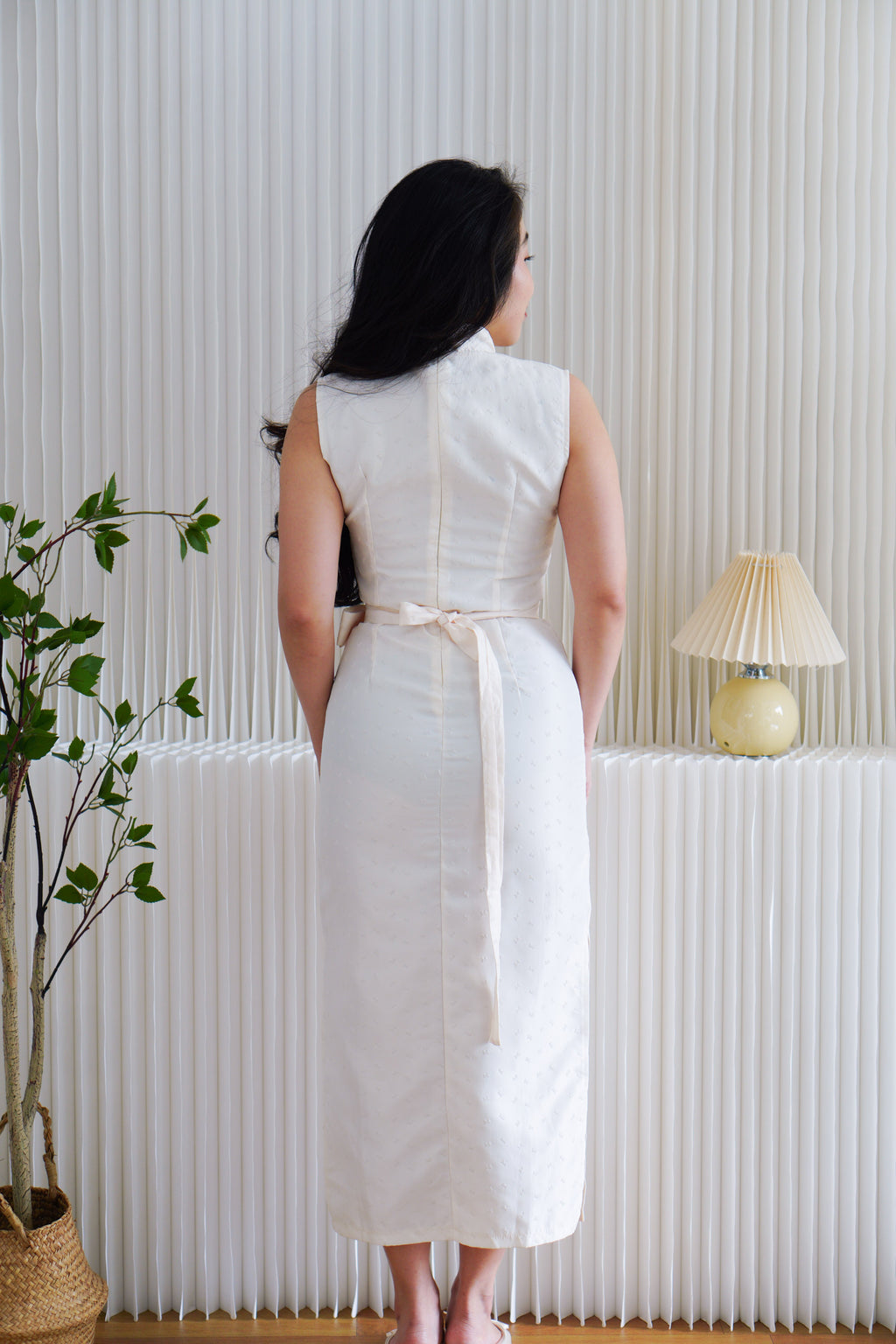 (BACKORDER) Rui Ya Dotted Jacquard Modern Maxi Cheongsam in Cream