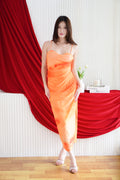 Amethyst Ombre Mesh Ruched Bodycon Dress in Orange