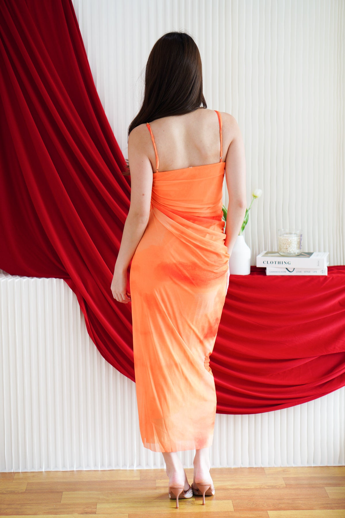 Amethyst Ombre Mesh Ruched Bodycon Dress in Orange