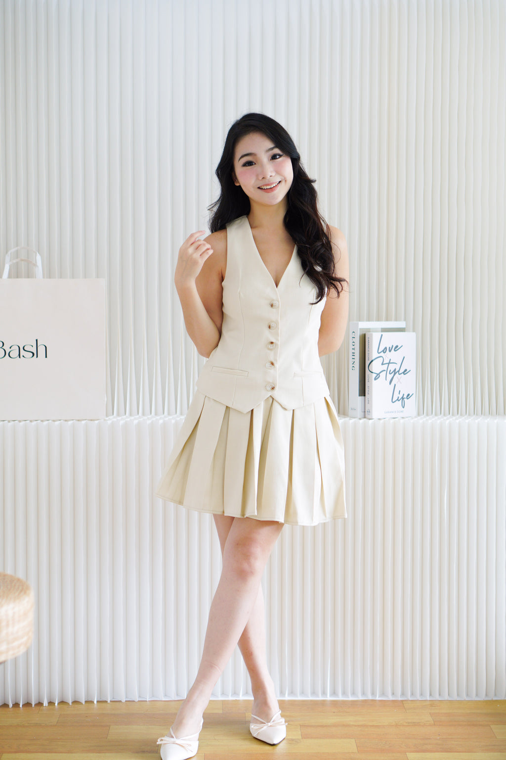 (BACKORDER) Lorna Faux 2 Piece Vest Pleated Dress in Beige