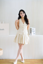 (BACKORDER) Lorna Faux 2 Piece Vest Pleated Dress in Beige