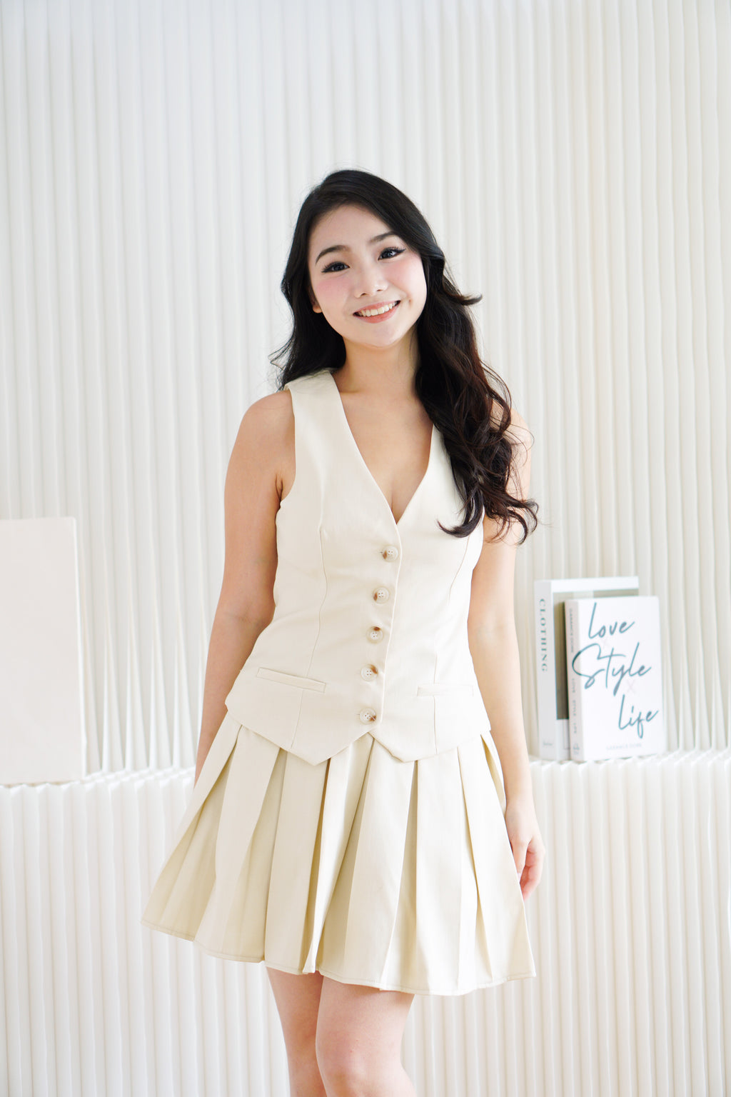 (BACKORDER) Lorna Faux 2 Piece Vest Pleated Dress in Beige