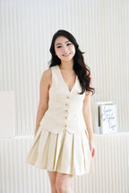 (BACKORDER) Lorna Faux 2 Piece Vest Pleated Dress in Beige