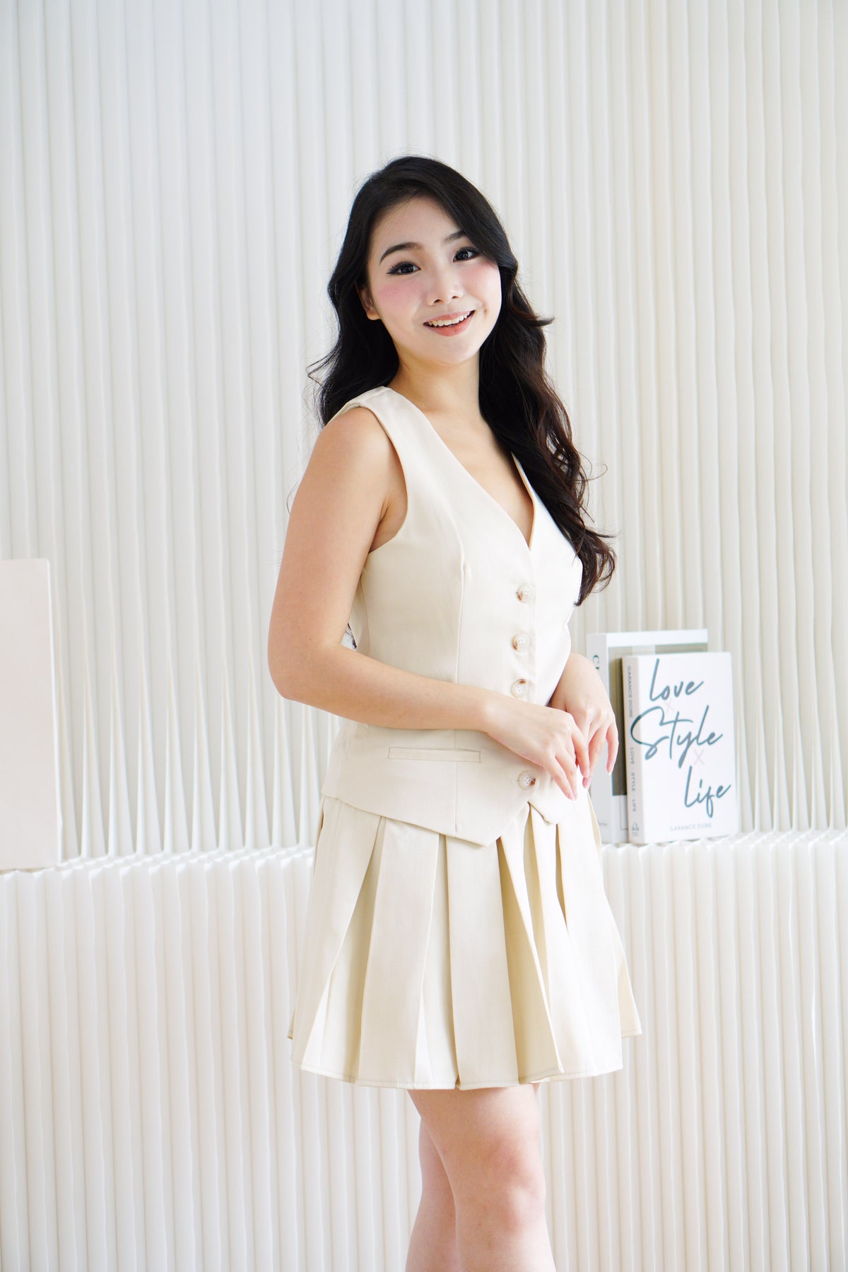 (BACKORDER) Lorna Faux 2 Piece Vest Pleated Dress in Beige