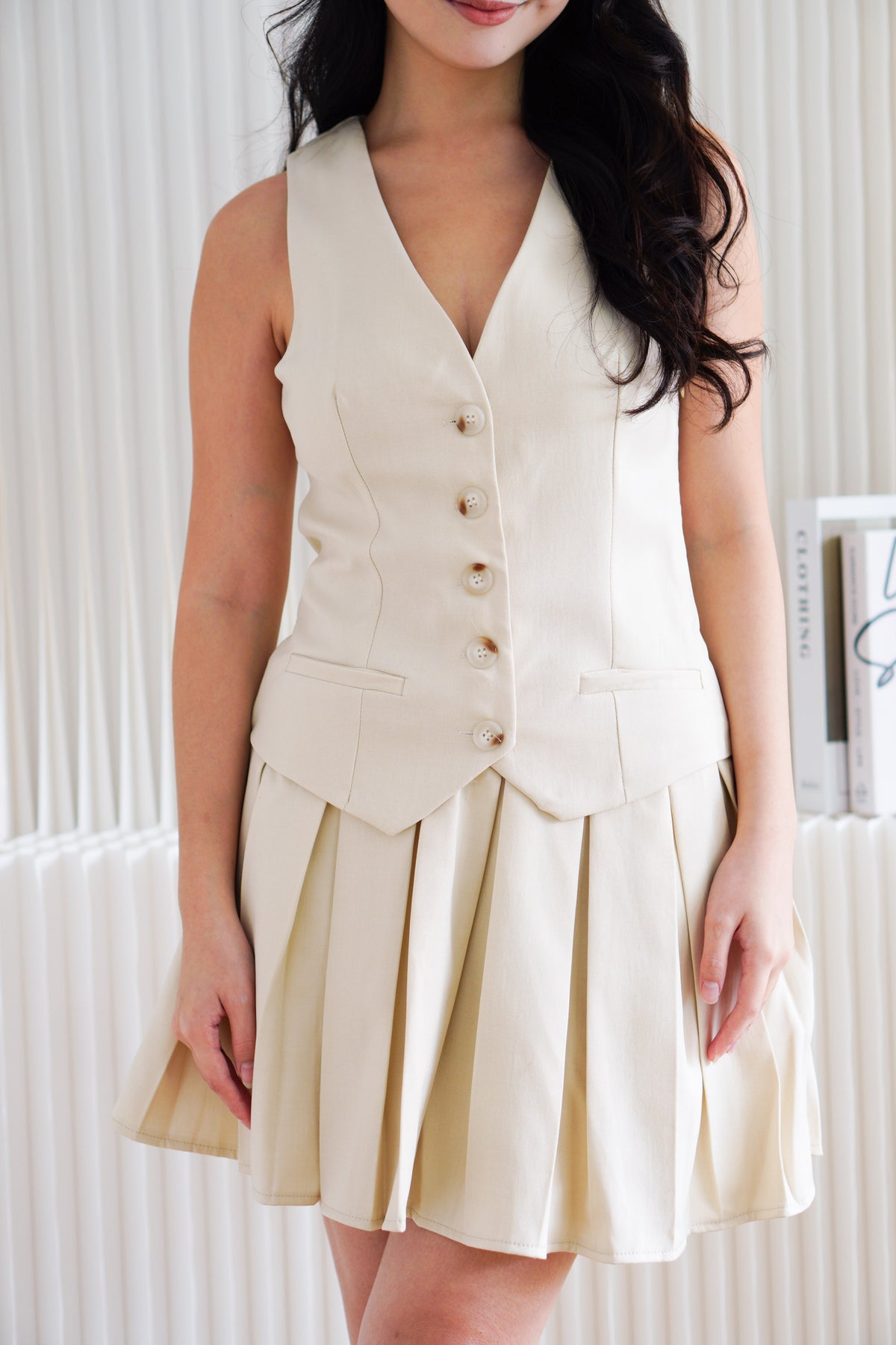 (BACKORDER) Lorna Faux 2 Piece Vest Pleated Dress in Beige