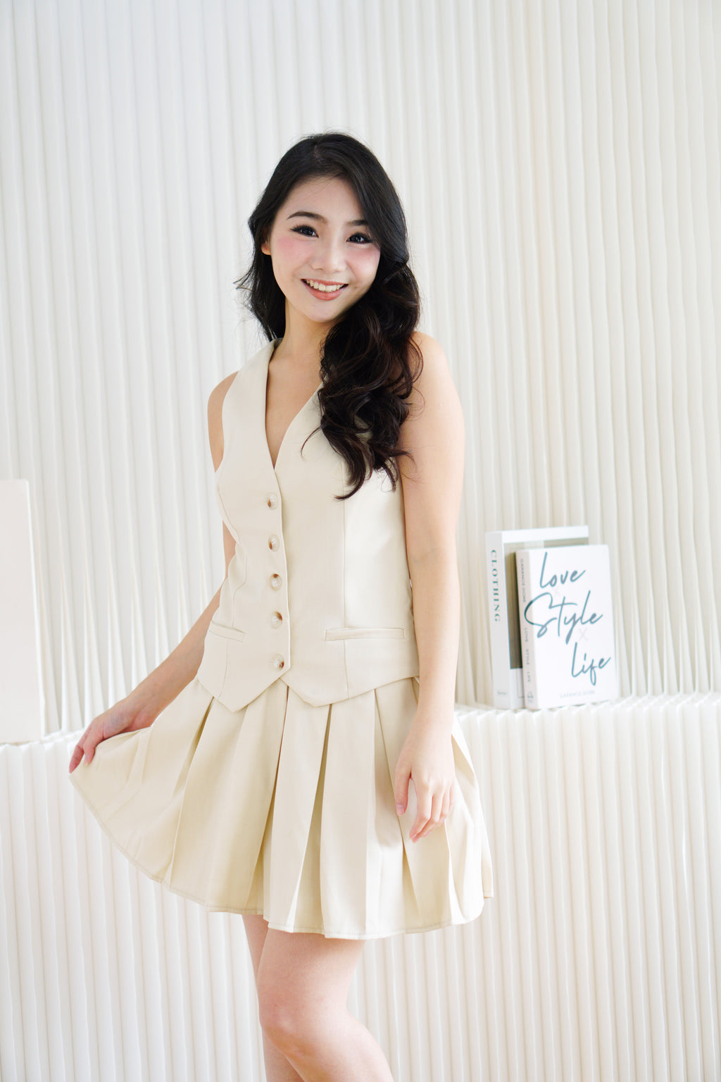 (BACKORDER) Lorna Faux 2 Piece Vest Pleated Dress in Beige