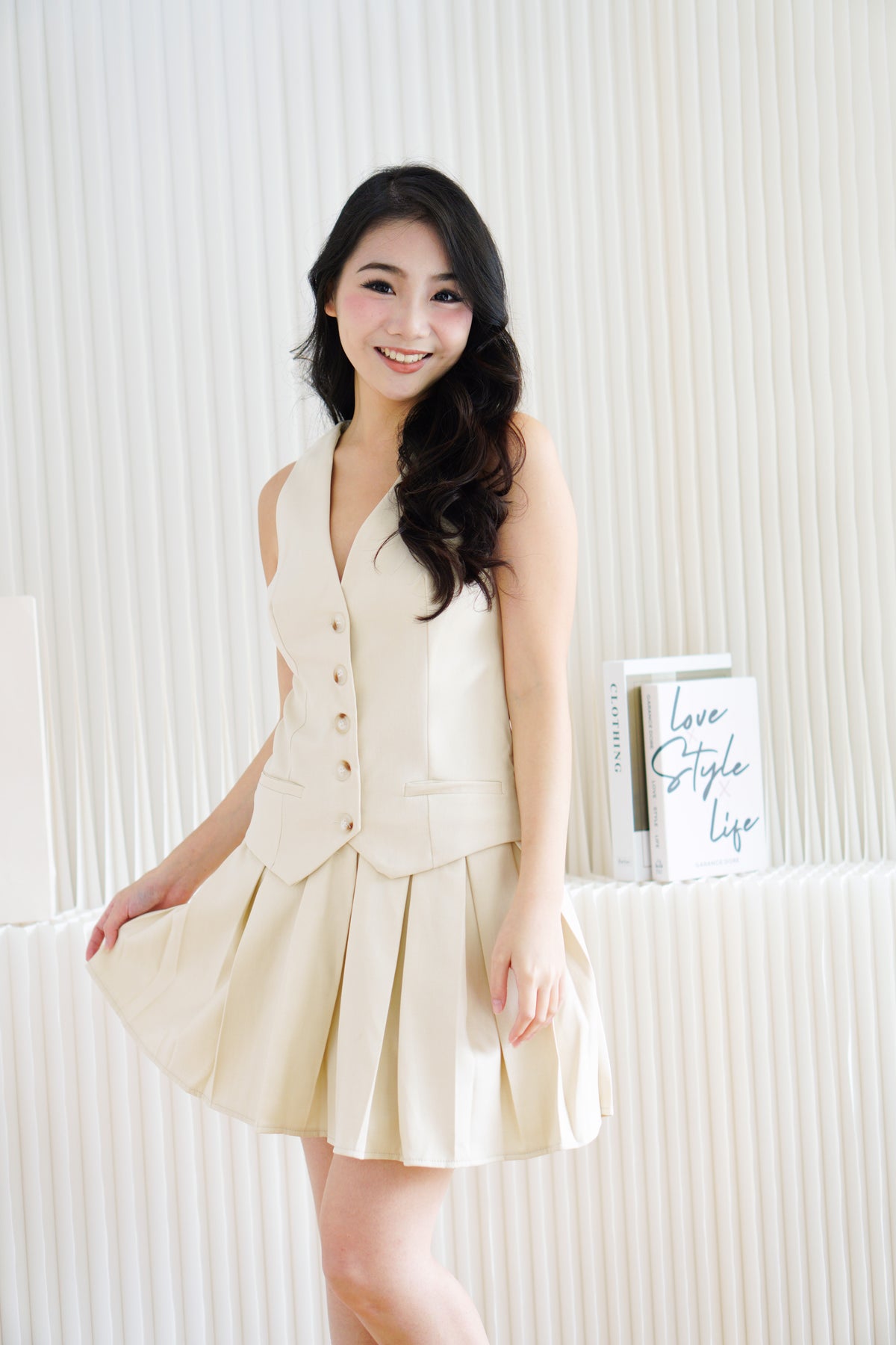 (BACKORDER) Lorna Faux 2 Piece Vest Pleated Dress in Beige