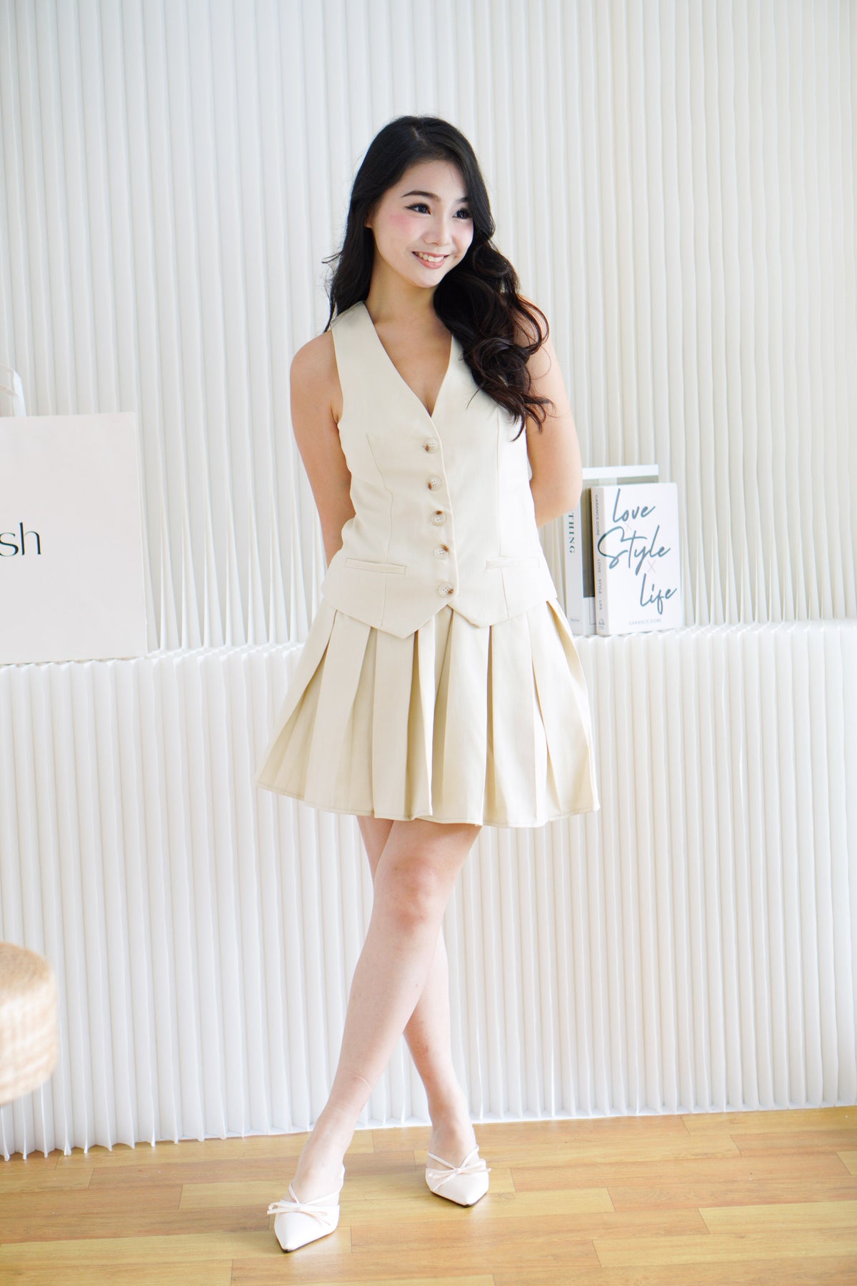 (BACKORDER) Lorna Faux 2 Piece Vest Pleated Dress in Beige