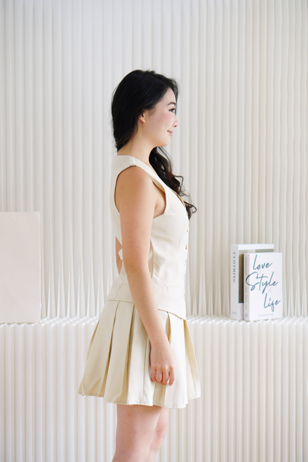 (BACKORDER) Lorna Faux 2 Piece Vest Pleated Dress in Beige