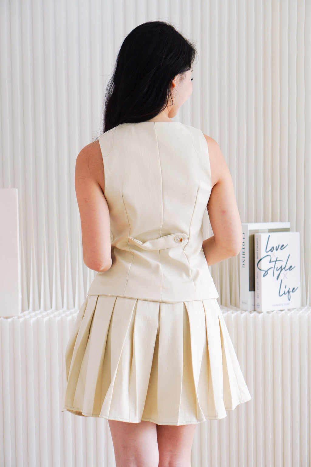 (BACKORDER) Lorna Faux 2 Piece Vest Pleated Dress in Beige