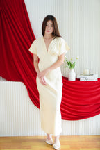 Charmaine Deep V Satin Maxi Dress in Light Yellow