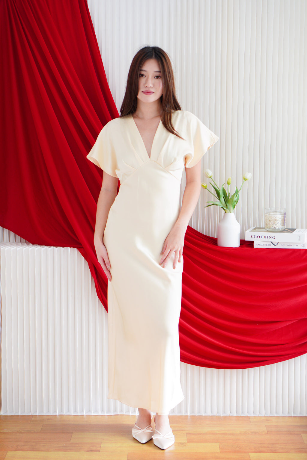 Charmaine Deep V Satin Maxi Dress in Light Yellow