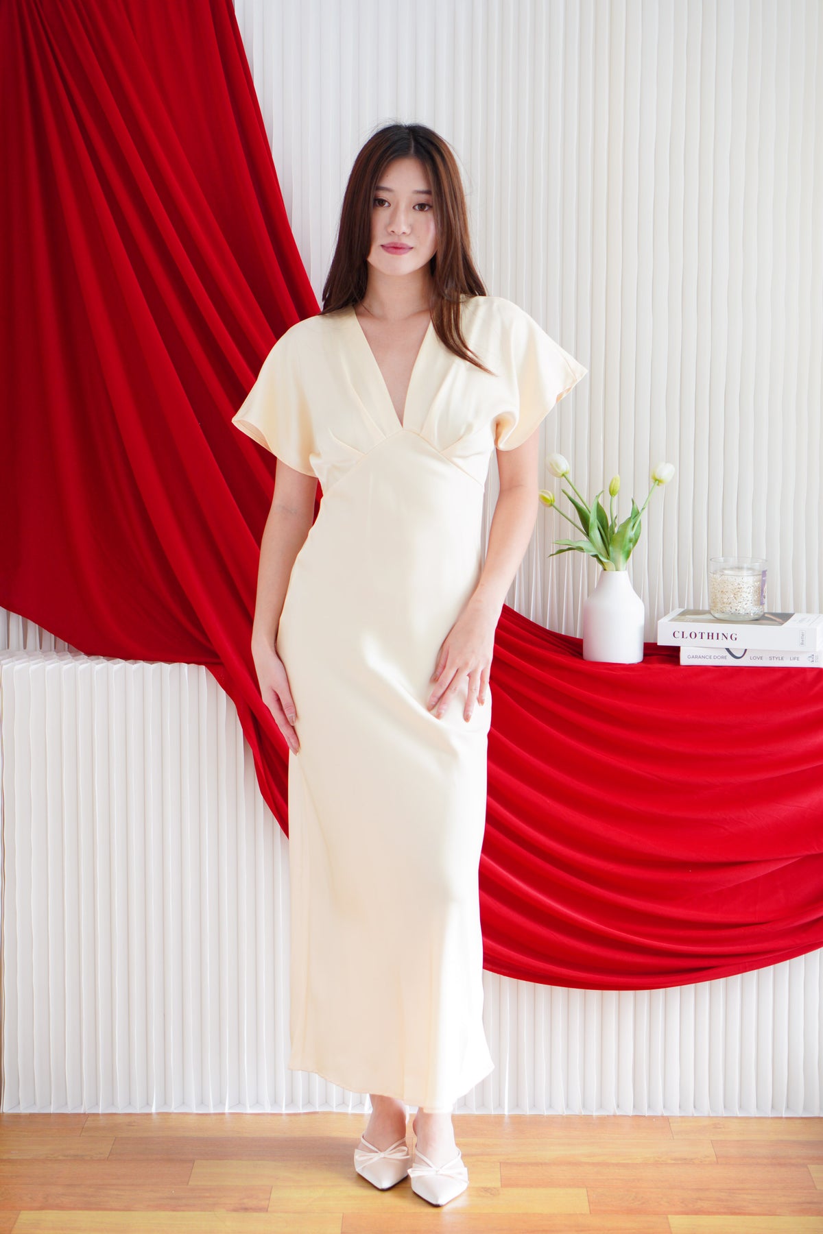 Charmaine Deep V Satin Maxi Dress in Light Yellow