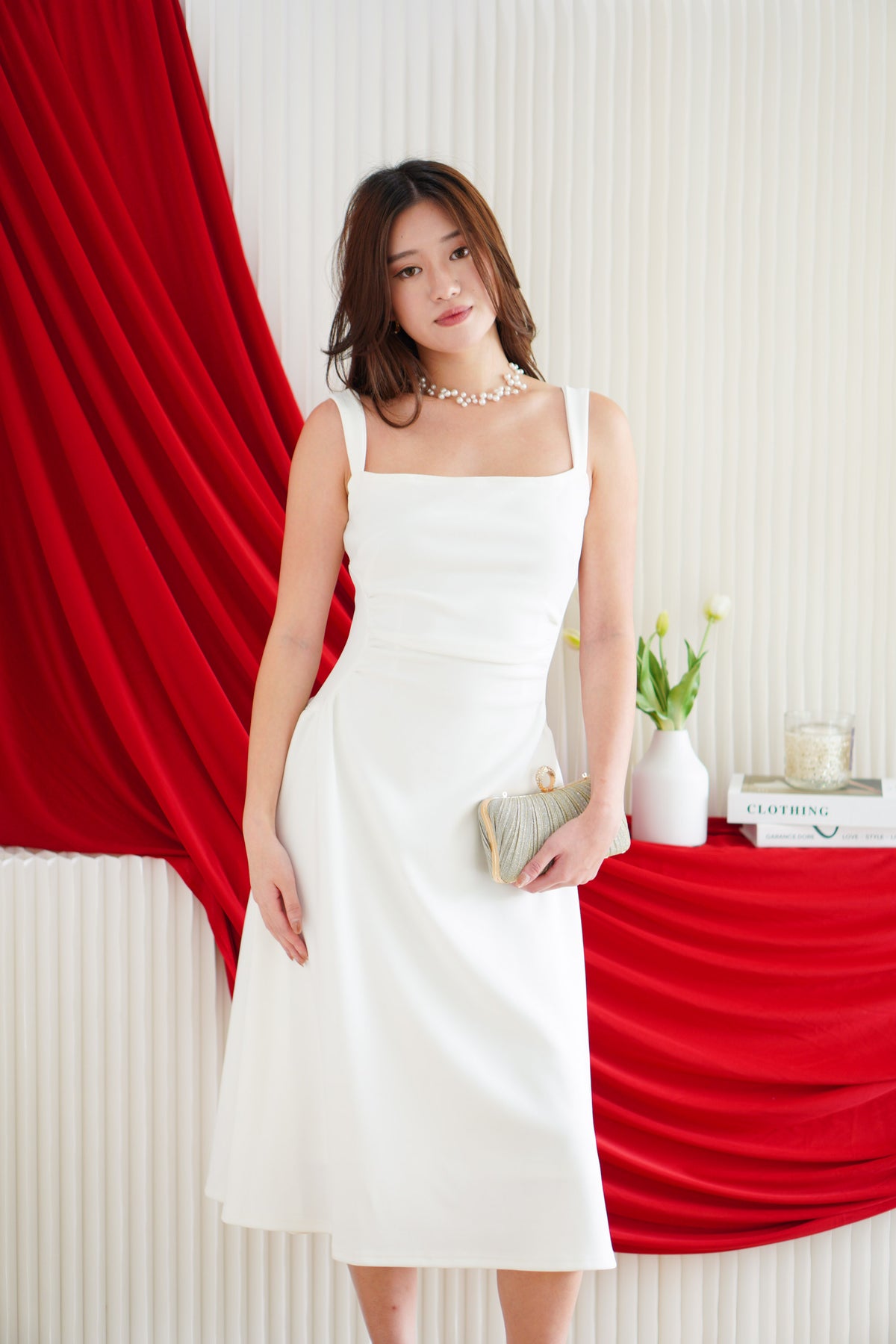Wrendelle A-Line Ruched Waist Dress in White