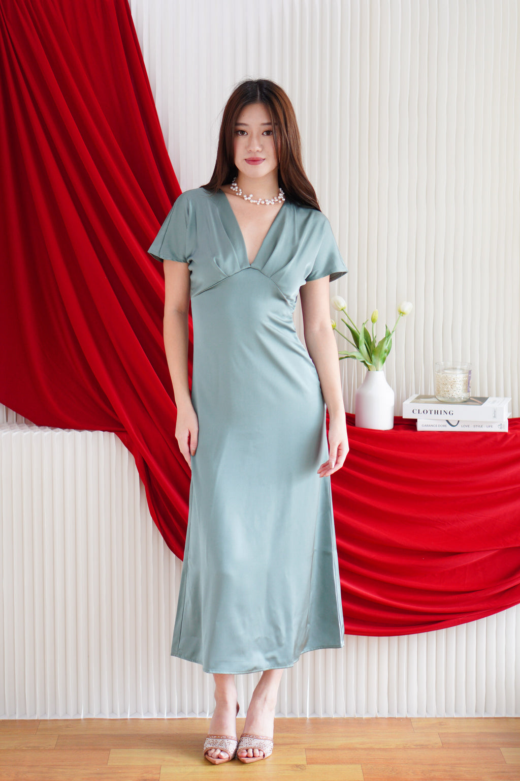 Ophie Deep V Satin Maxi Dress in Green
