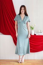 Ophie Deep V Satin Maxi Dress in Green